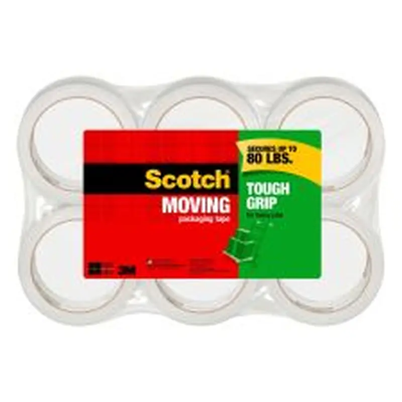 Scotch Tough Grip Moving Packing Tape, 1-7/8" x 43.7 Yd., Clear, Pack Of 6 Rolls