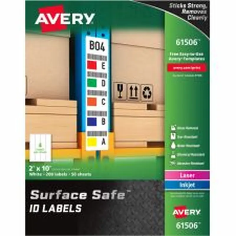Avery Surface Safe ID Labels - Removable Adhesive - 2"x 10" - Rectangle - Laser, Inkjet - White - Polyester - 4/Sheet - 50 Total Sheets - 200/Pack