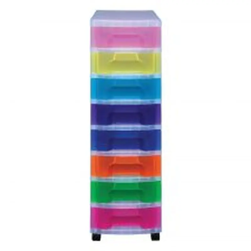 Really Useful Box Plastic 8-Drawer Storage Tower, 7 Liters, 36 1/2" x 15 3/4" x 12", Clear/Rainbow