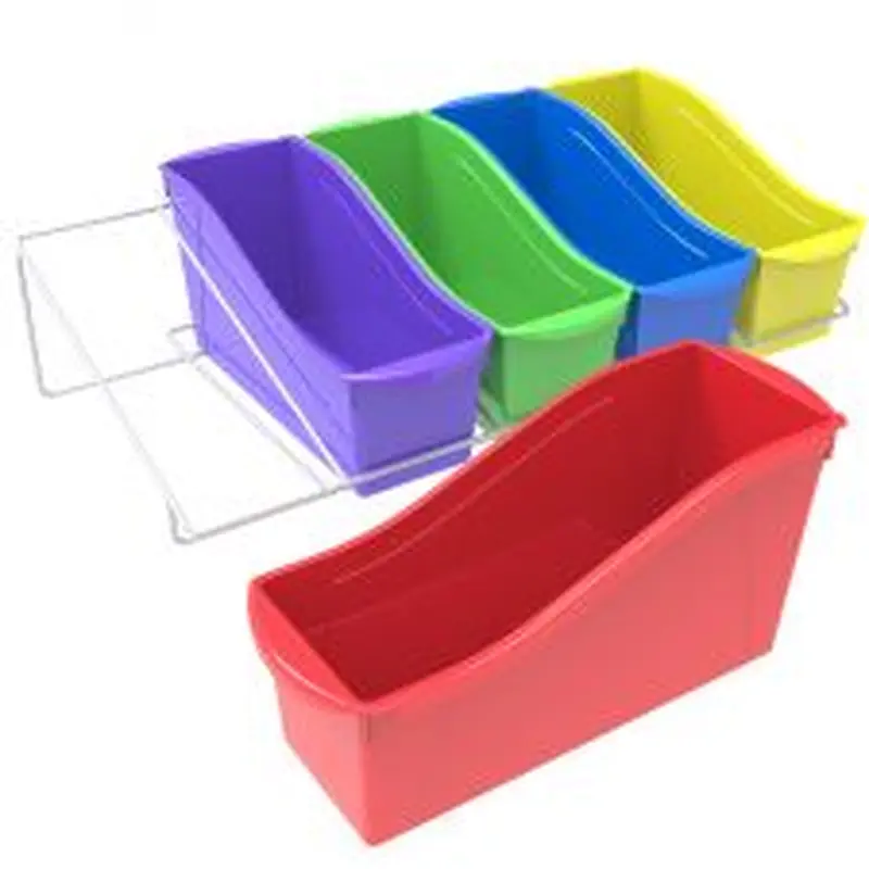 Storex Book Bins with Metal Shelf Rack, 14.3 x 25.69 x 7.25, 5 Assorted Color Bins, White Epoxy Metal Rack