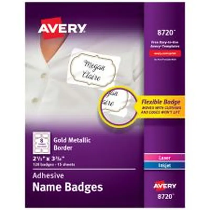 Avery Adhesive Name Badges, Metallic Borders, 2 1/3" x 3 3/8", White, Pack Of 120 Badges