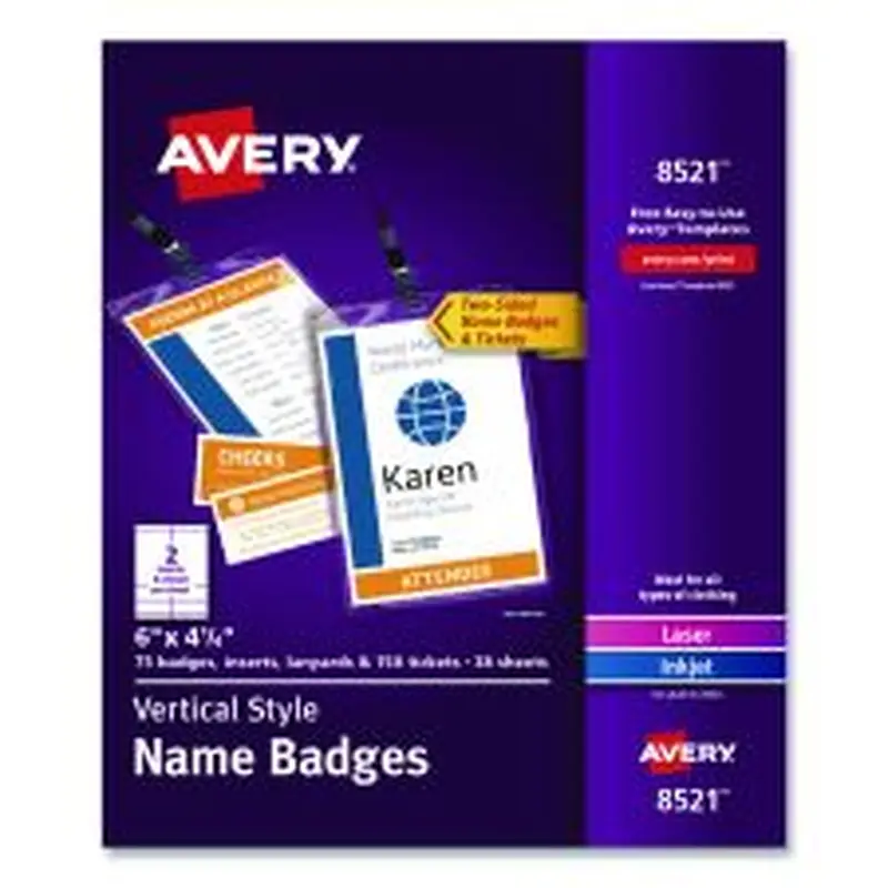 Avery Lanyard-Style Badge Holder w/Laser/Inkjet Inserts, Top Load, 4.25 x 6, WE, 75/PK