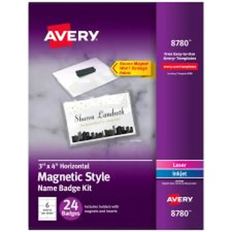 Avery Customizable Name Badges With Magnets, Rectangle, 8780, 3" x 4", White, Pack Of 24