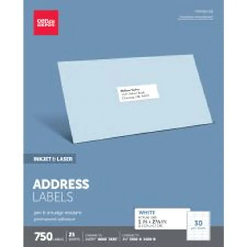 Inkjet/Laser Address Labels, Rectangle, 1" x 2 5/8", White, Pack Of 750