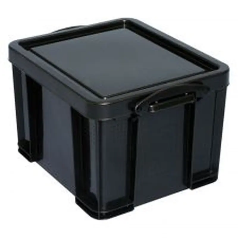 Really Useful Box Plastic Storage Container With Built-In Handles And Snap Lid, 32 Liters, 95% Recycled, 19" x 14" x 12", Black