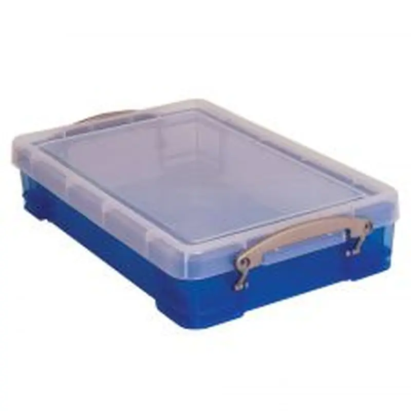 Really Useful Box Plastic Storage Container With Built-In Handles And Snap Lid, 4 Liters, 14 1/2" x 10 1/4" x 3 1/4", Transparent Blue