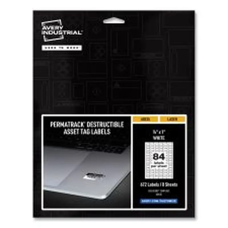 Avery PermaTrack Destructible Asset Tag Labels, Laser Printers, 0.5 x 1, White, 84/Sheet, 8 Sheets/Pack