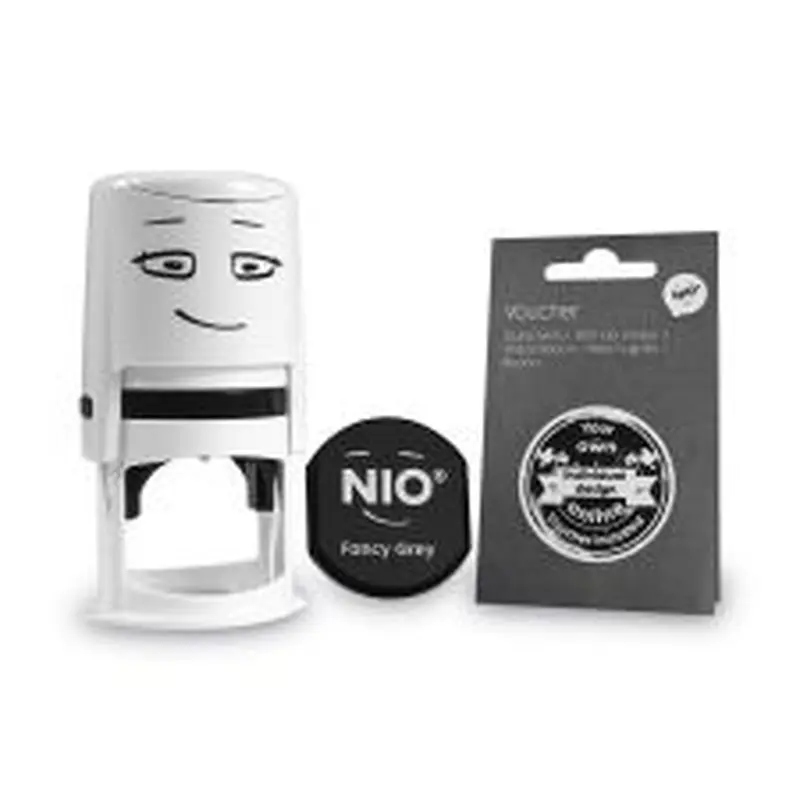 NIO Stamp with Voucher and Fancy Gray Ink Pad, Self-Inking, 1.56" Diameter