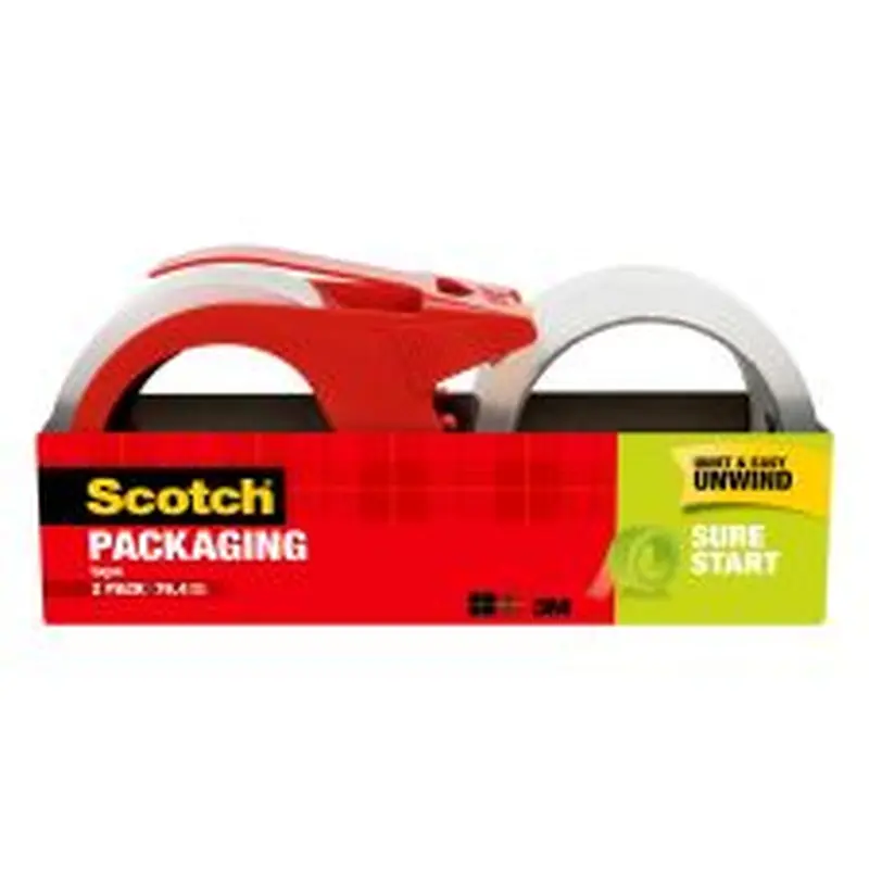 Scotch Sure Start Shipping Tape With Dispenser, 1-7/8" x 38.2 Yd., Clear, Pack Of 2 Tapes