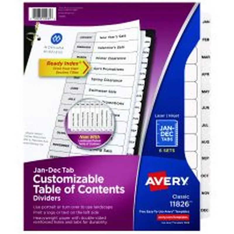 Avery Customizable Table of Contents Ready Index Black and White Dividers, 12-Tab, Jan. to Dec., 11 x 8.5, White, 6 Sets