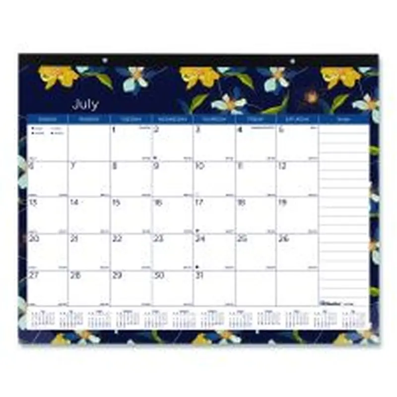Blueline Academic 18-Month Desk Pad Calendar, Floral Artwork, 22 x 17, White/Multicolor Sheets, Black Headband, July 2025 to Dec 2026