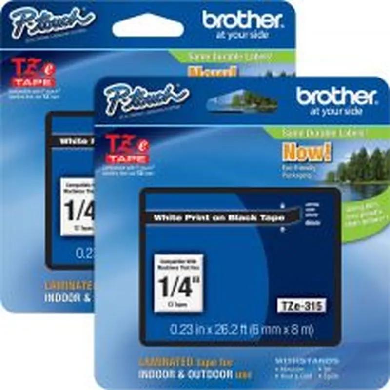 Brother P-touch TZe Laminated Tape Cartridges, 1/4"W x 26 1/4'L , Rectangle, White, 2 Per Bundle