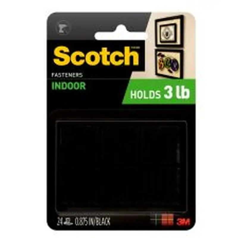 Scotch Recloseable Fasteners, Black, 7/8" x 7/8" Squares, Pack Of 24