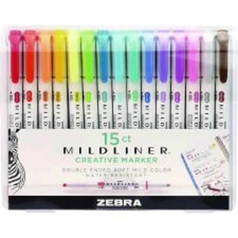 Zebra Mildliner Double Ended Highlighter, Assorted Ink Colors, Bold-Chisel/Fine-Bullet Tips, Assorted Barrel Colors, 15/Pack