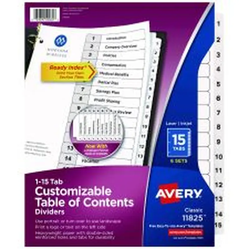 Avery Customizable Table of Contents Ready Index Black and White Dividers, 15-Tab, 1 to 15, 11 x 8.5, White, 6 Sets