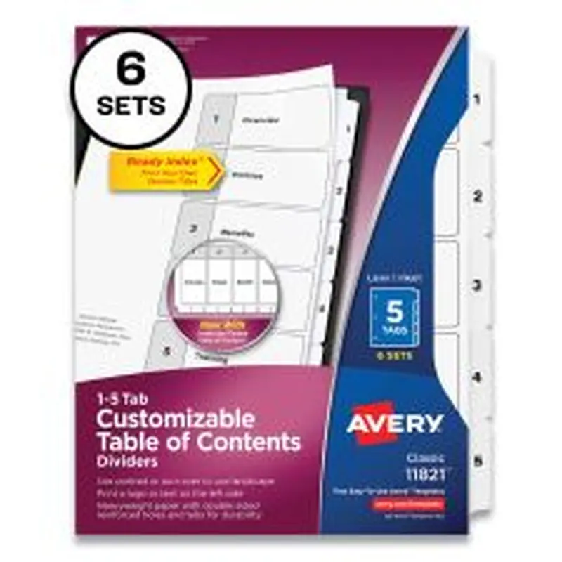 Avery Customizable Table of Contents Ready Index Black and White Dividers, 5-Tab, 1 to 5, 11 x 8.5, White, 6 Sets