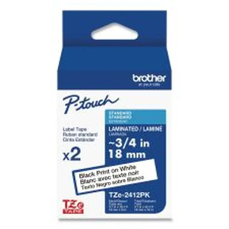 Brother P-Touch TZe Standard Adhesive Laminated Labeling Tape, 0.7" x 26.2 ft, Black on White, 2/Pack