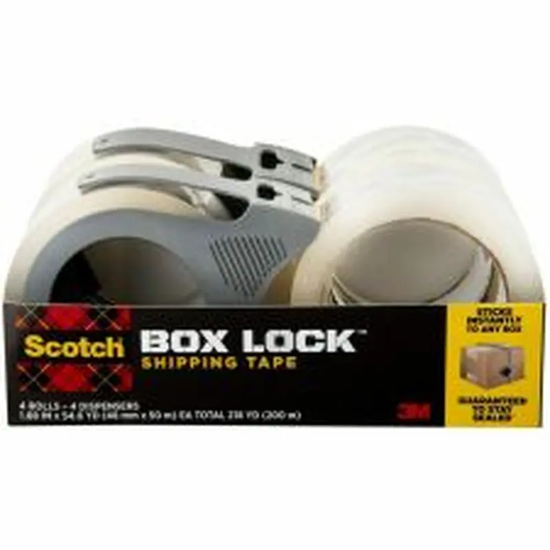 Scotch Box Lock Packaging Tape with Dispenser, 1.88" x 165', Clear, Pack Of 4 Rolls