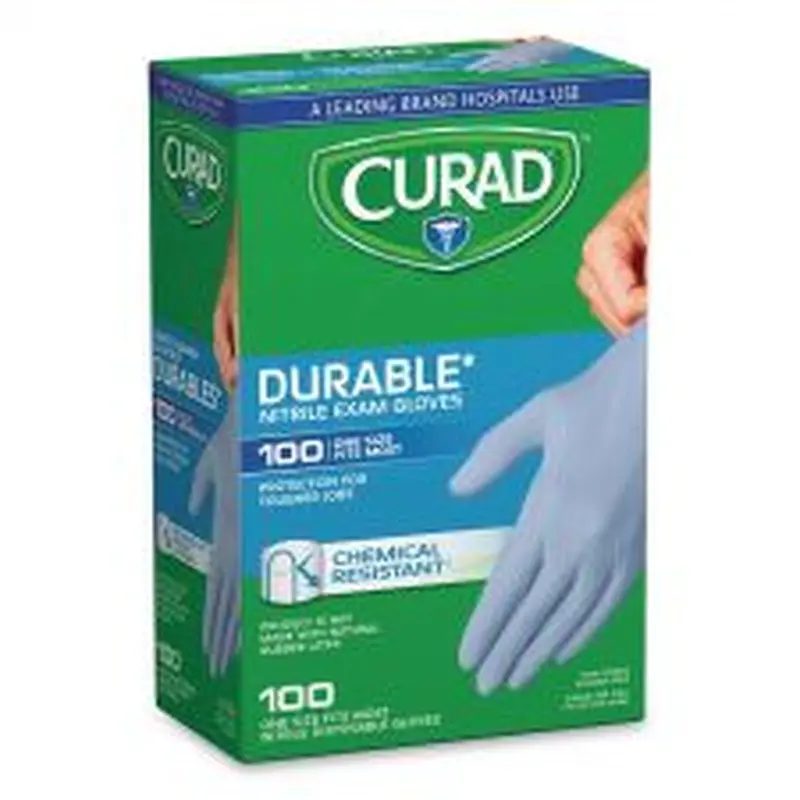 Curad Powder-Free Nitrile Exam Gloves, One Size Fits Most, 3.5 mil Thick, 7.36" Long, Blue, 100/Box