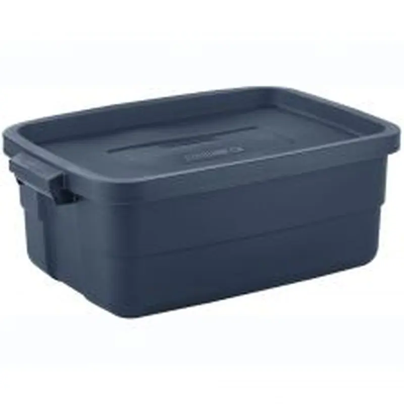 Rubbermaid Roughneck Tote With Lid, 10 Gallons, 8-7/8"H x 15-7/8"W x 23-7/8"D, Dark Indigo Metallic