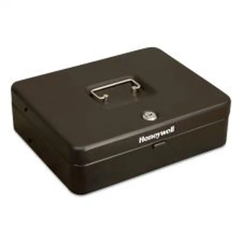 Honeywell Tiered CantiDoor Lever Cash Box, 4 Bill, 5 Coin Slots, Key Lock, 11.9 x 9.7 x 3.5, Steel, Black