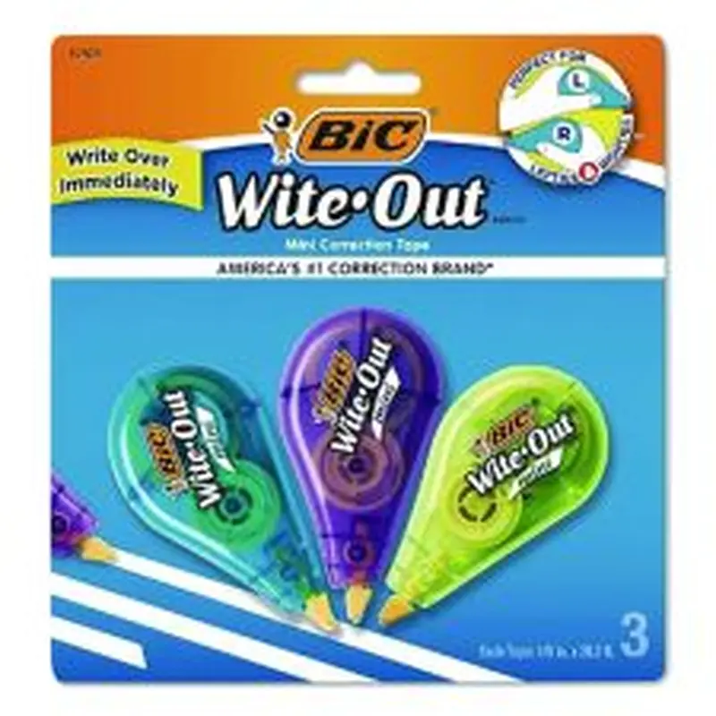 BIC Wite-Out Brand Mini Correction Tape, Non-Refillable, 0.2" x 26.2 ft, White Tape, Assorted Dispenser Colors, 3/Pack