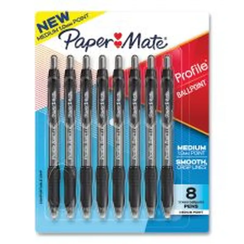 Paper Mate Profile Ballpoint Pen, Retractable, Medium 1 mm, Black Ink, Translucent Black Barrel, 8/Pack