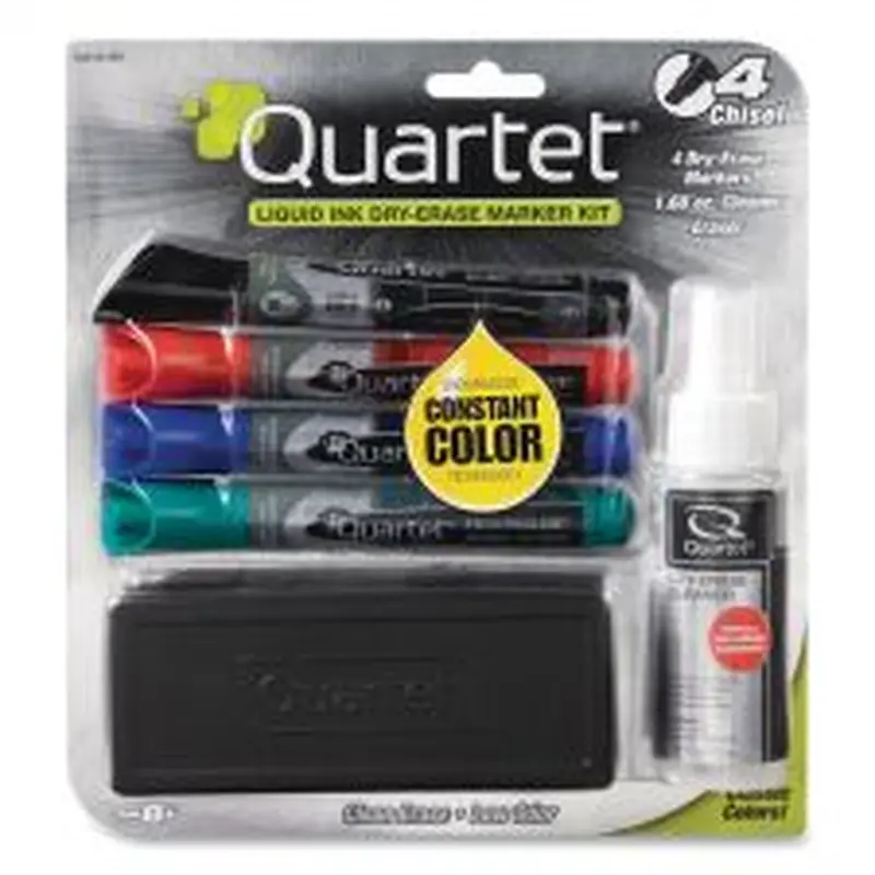 Quartet EnduraGlide Dry Erase Marker Kit with Cleaner and Eraser, Broad Chisel Tip, Assorted Colors, 4/Pack