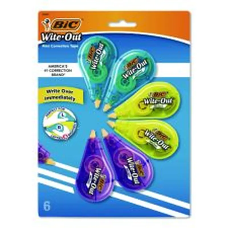 BIC Wite-Out Brand Mini Correction Tape, Non-Refillable, 0.2" x 26.2 ft, White Tape, Assorted Dispenser Colors, 6/Pack