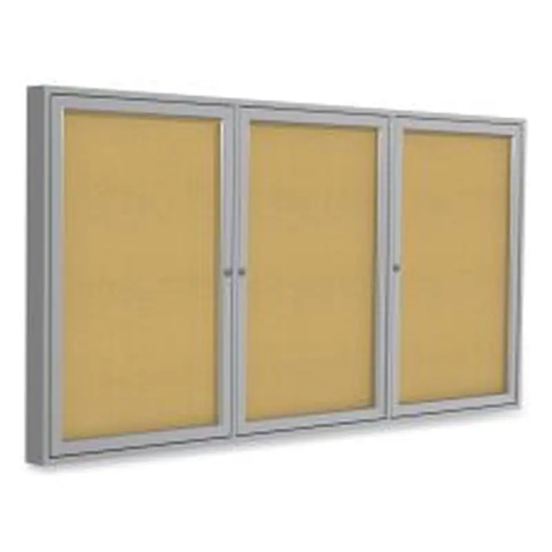 Ghent 3 Door Enclosed Vinyl Bulletin Board with Satin Frame, 72" x 48", Silver Surface, Satin Aluminum Frame