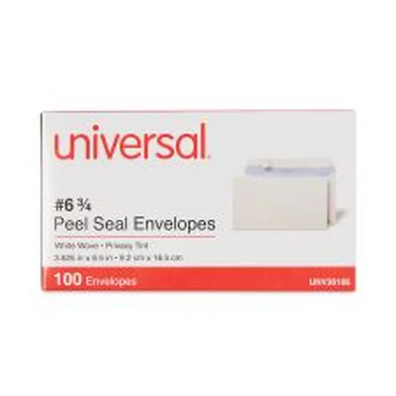 Universal Peel Seal Strip Security Tint Business Envelope, #6 3/4, Square Flap, Self-Adhesive Closure, 3.63 x 6.5, White, 100/Box