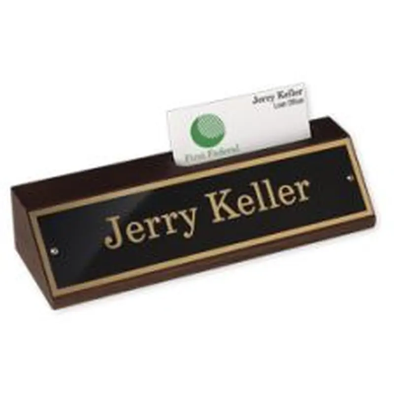 Custom Engraved Black And Gold Metal Desk Sign With Walnut Desk Bar And Business Card Holder, 1-3/4" x 8-1/2", (1/PK)
