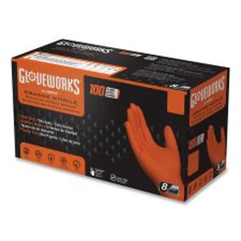 GloveWorks by AMMEX Heavy-Duty Industrial Nitrile Gloves, Powder-Free, Medium, 8 mil Thick, 9.5" Long, Orange, 100/Box