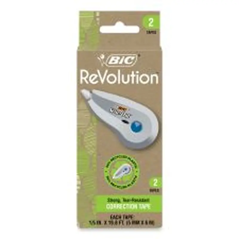 BIC Wite-Out Brand ECOlutions Mini Correction Tape, Non-Refillable, 0.2" x 19.8 ft, White Tape, White/Blue Dispenser, 2/Pack