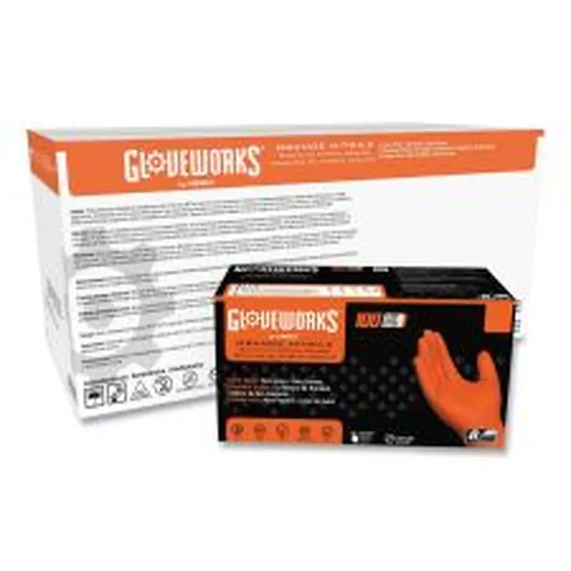 GloveWorks by AMMEX Heavy-Duty Industrial Nitrile Gloves, Powder-Free, Large, 8 mil Thick, 9.5" Long, Orange, 100/Box, 10 Boxes/Carton