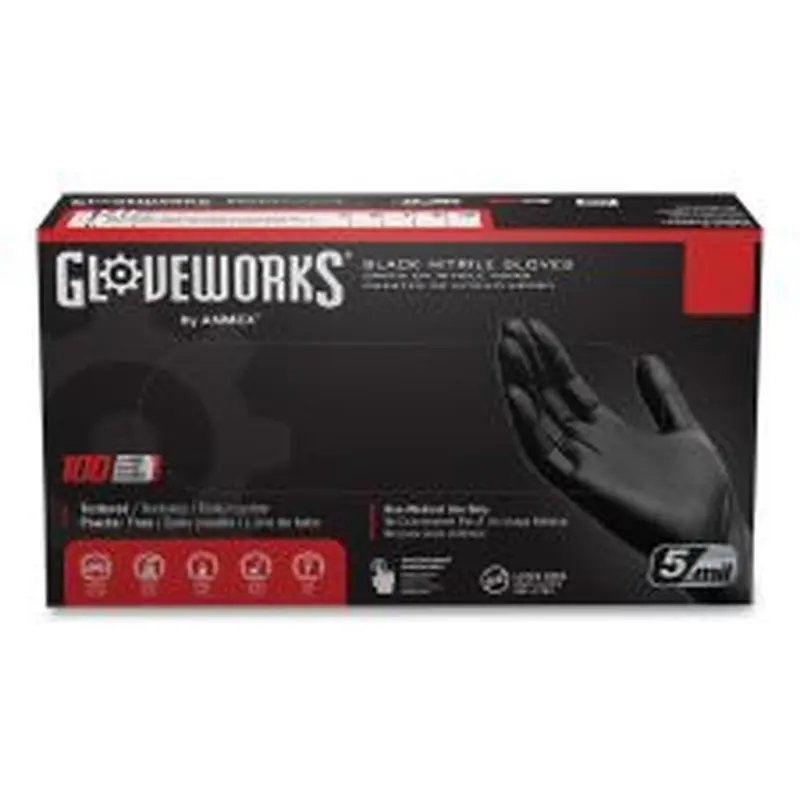 GloveWorks by AMMEX Industrial Nitrile Gloves, Powder-Free, Medium, 5 mil Thick, 9.5" Long, Black, 100/Box, 10 Boxes/Carton