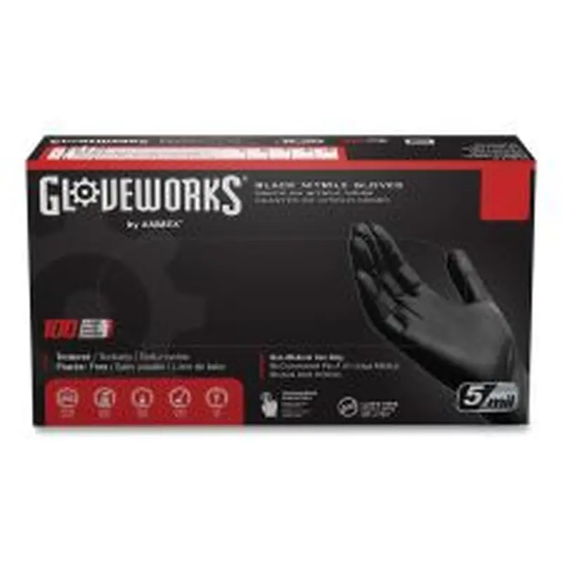 GloveWorks by AMMEX Industrial Nitrile Gloves, Powder-Free, Small, 5 mil (Palm), 6 mil (Fingers), 9.5" Long, Black, 100/Box, 10 Boxes/Carton