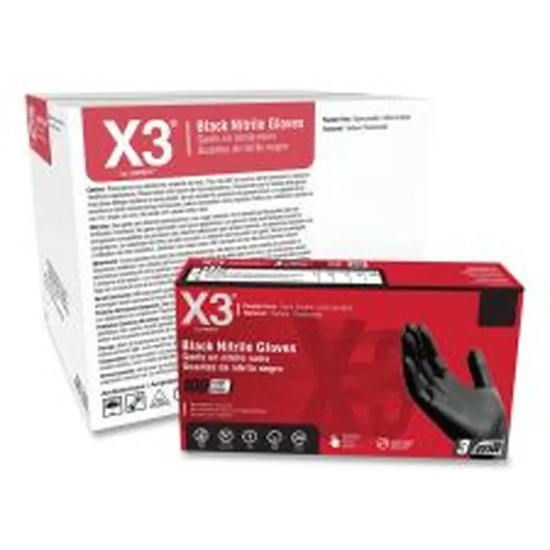 X3 by AMMEX Industrial Nitrile Gloves, Powder-Free, XX-Large, 3 mil Thick, 9.5" Long, Black, 100/Box, 10 Boxes/Carton