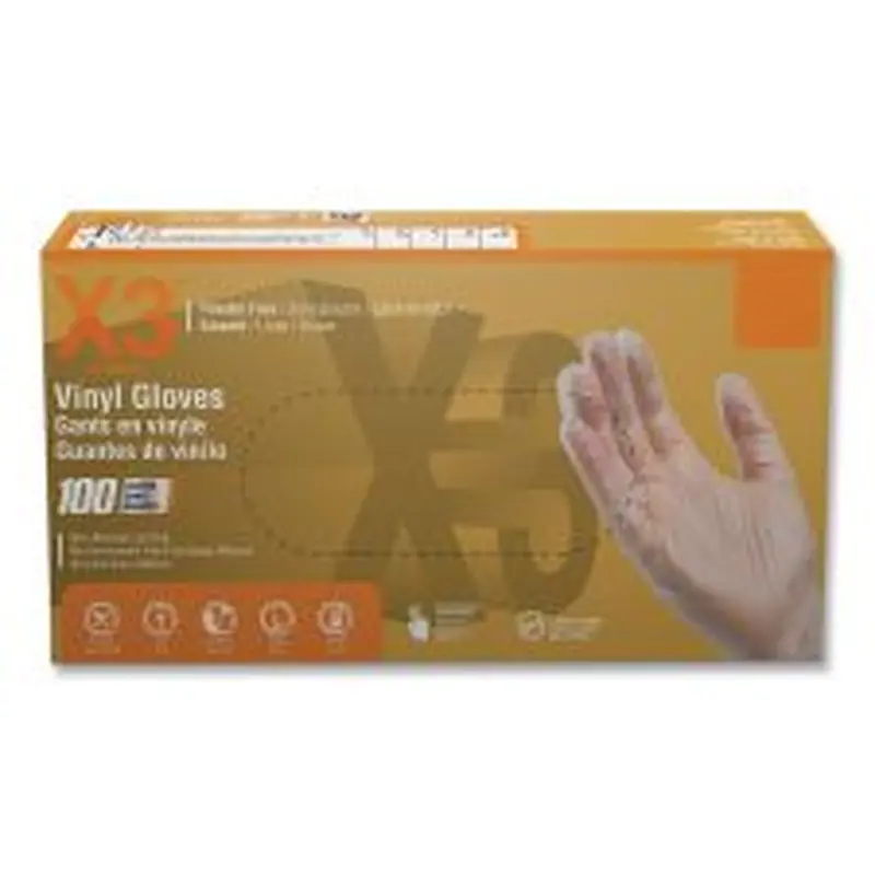 X3 by AMMEX Industrial Vinyl Gloves, Powder-Free, X-Large, 3 mil Thick, 9.5" Long, Clear, 100/Box, 10 Boxes/Carton