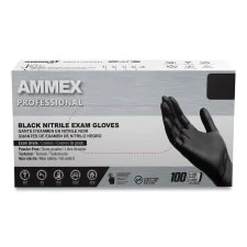 AMMEX Professional Nitrile Exam Gloves, Powder-Free, Large, 3 mil Thick, 9.5" Long, Black, 100/Box, 10 Boxes/Carton