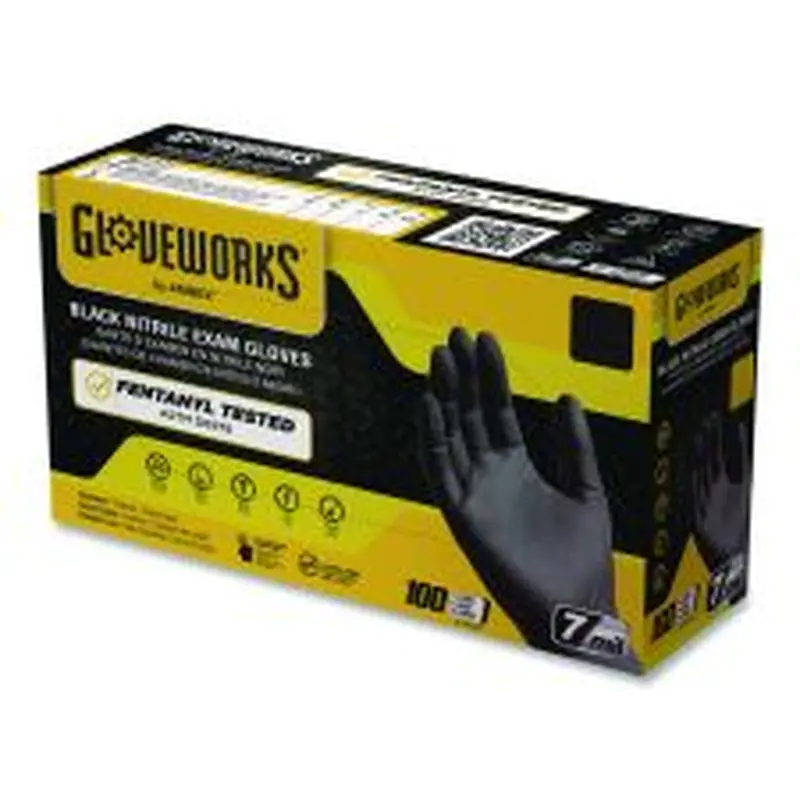 GloveWorks by AMMEX Nitrile Exam Gloves, Powder-Free, Large, 6 mil Thick, 9.5" Long, Black, 100/Box, 10 Boxes/Carton