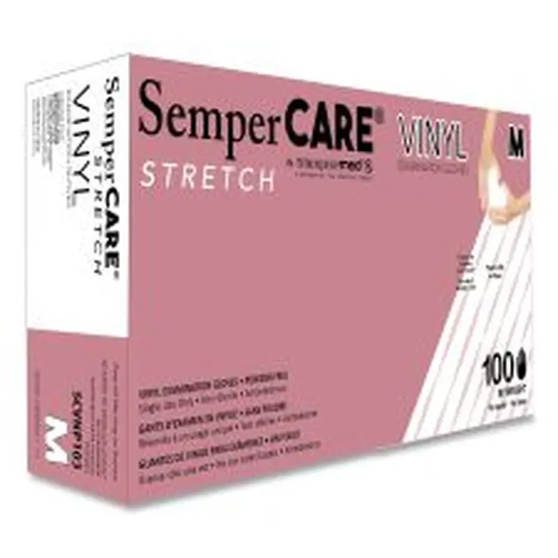 SemperCare Stretch Vinyl Examination Gloves, Powder-Free, Medium, 5 mil Thick, 9.45" Long, Cream, 100/Box
