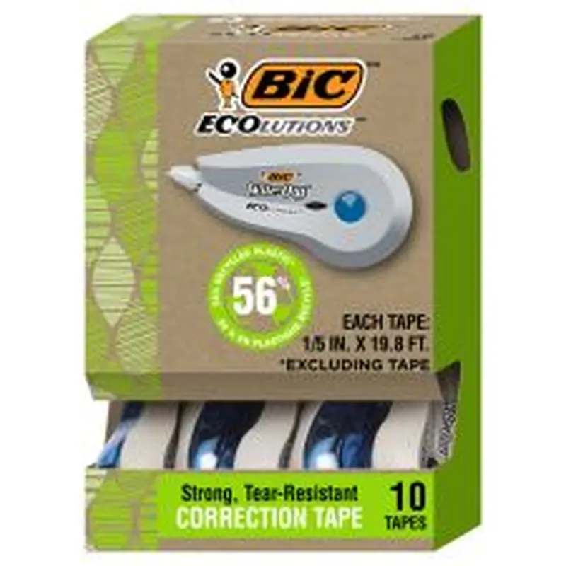 BIC Wite Out Ecolutions Correction Tape, 19.8', Content White, Pack Of 10 Dispensers