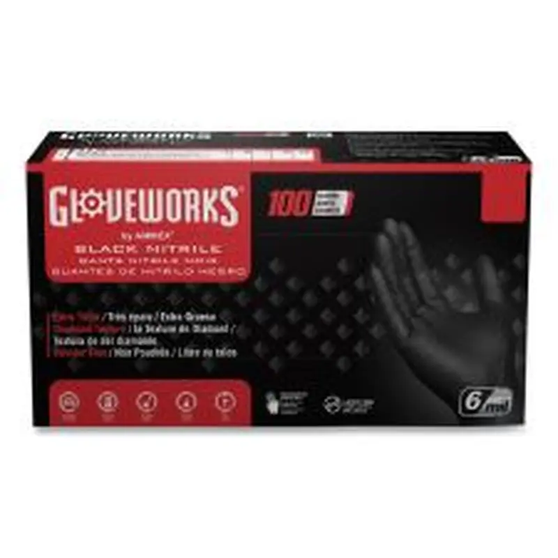 GloveWorks by AMMEX Heavy-Duty Industrial Nitrile Gloves, Powder-Free, X-Large, 6 mil Thick, 9.5" Long, Black, 100/Box, 10 Boxes/Carton