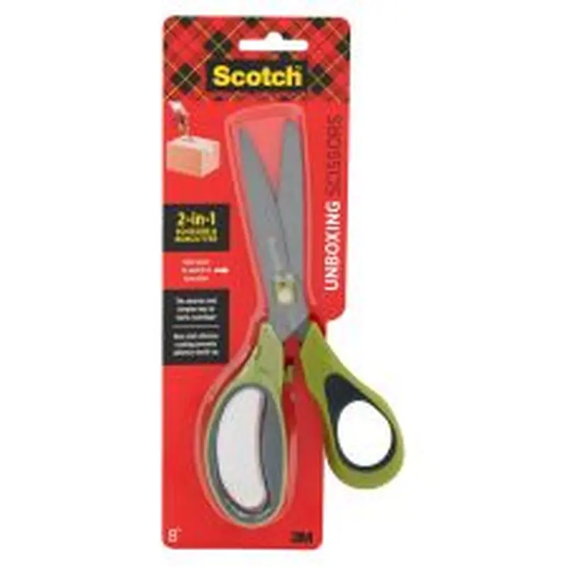 Scotch Non-Stick Unboxing Scissors, 8" Long, 2.7" Cut Length, Straight Green/Black Handle