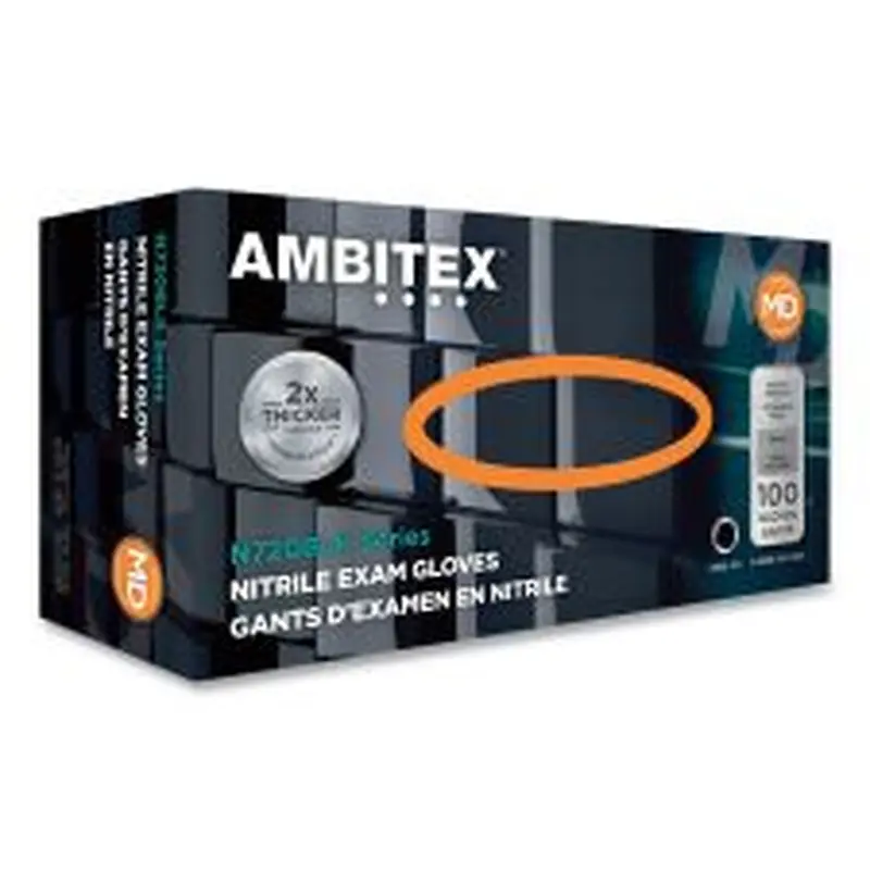 AMBITEX N720 Series Powder-Free Nitrile Gloves, XX-Large, 6 mil Thick, 12" Long, Black, 100/Box, 10 Boxes/Carton