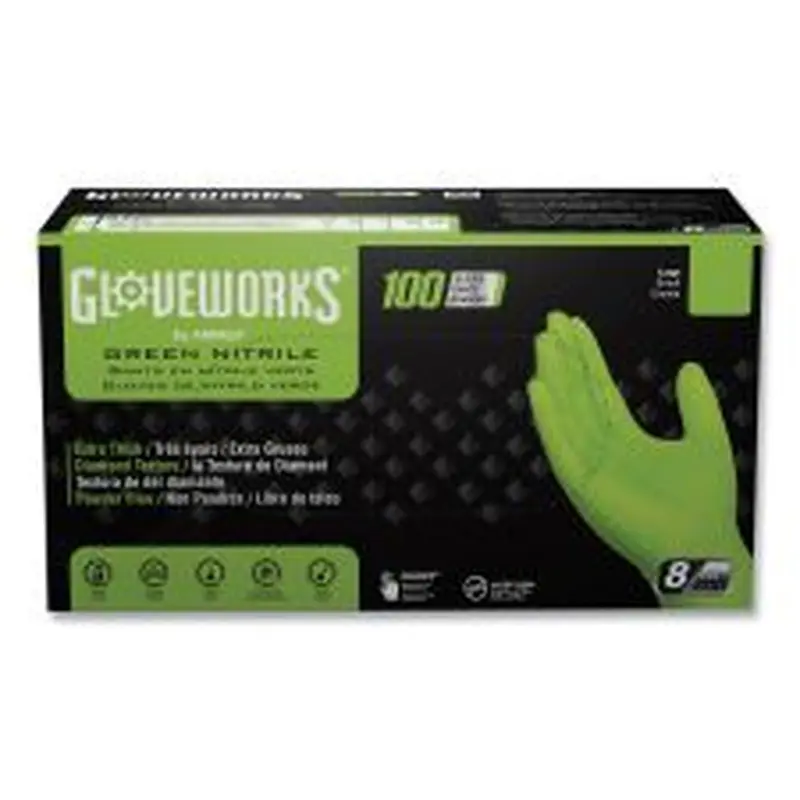 GloveWorks by AMMEX Heavy-Duty Industrial Nitrile Gloves, Powder-Free, Large, 8 mil Thick, 9.5" Long, Green, 100/Box, 10 Boxes/Carton