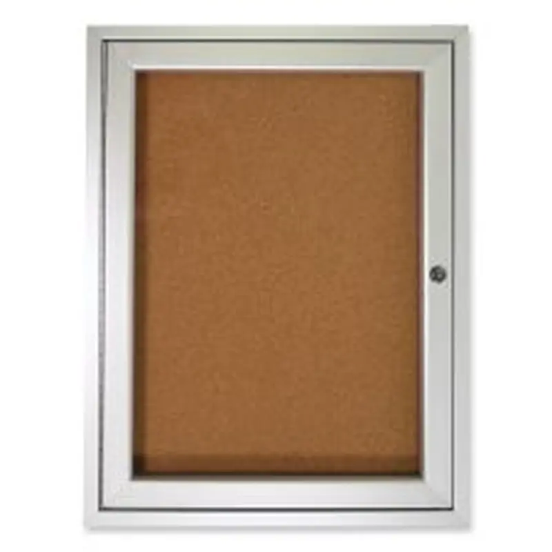 Ghent 1 Door Enclosed Natural Cork Bulletin Board with Satin Frame, 36" x 36", Tan Surface, Satin Aluminum Frame