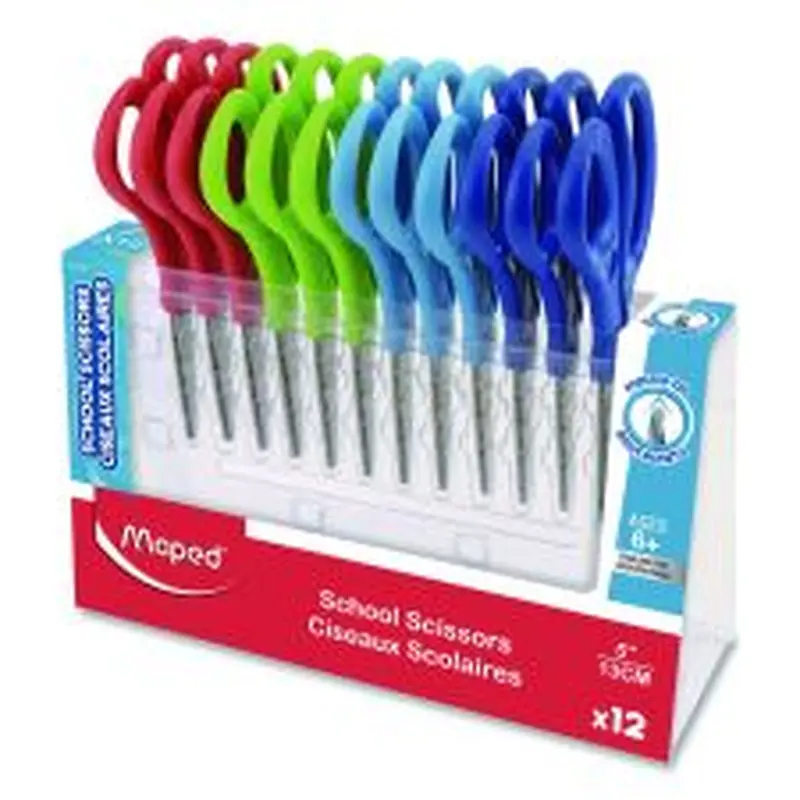 Maped Helix Essential Pointed School Scissors School Pack, Pointed Tip, 5.35" Long, 2" Cut Length, Straight Assorted Handle, 12/Pack