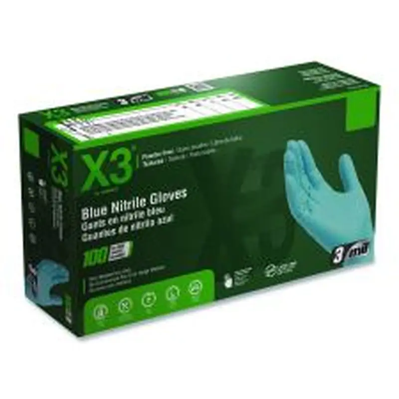 X3 by AMMEX Industrial Nitrile Gloves, Powder-Free, Medium, 3 mil Thick, 9.5" Long, Blue, 100/Box
